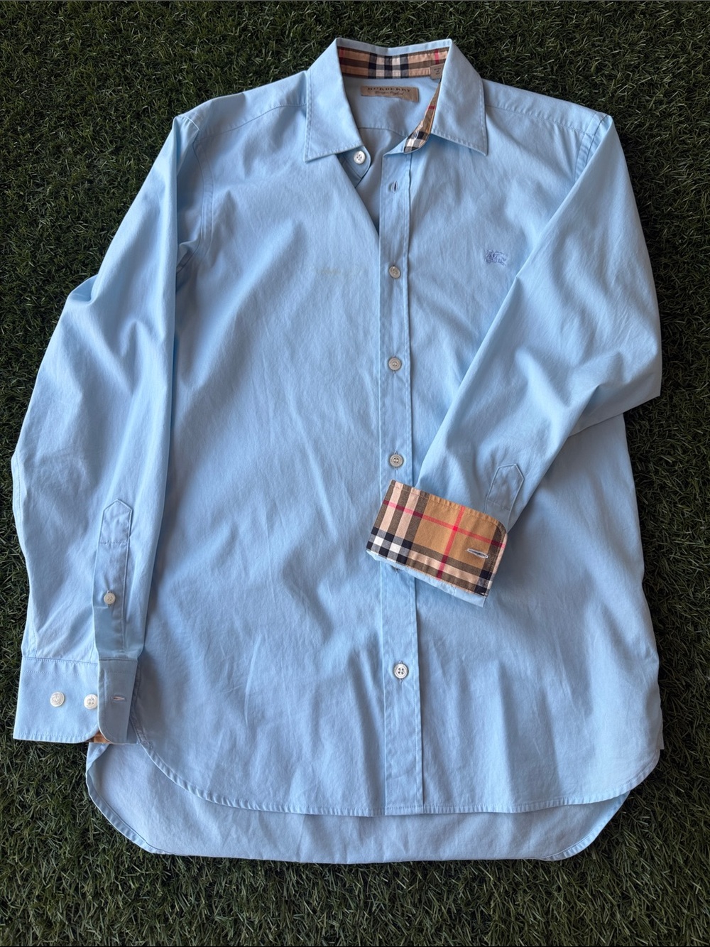 Burberry Light Blue Men's Dress Shirt with Signature Check Cuffs